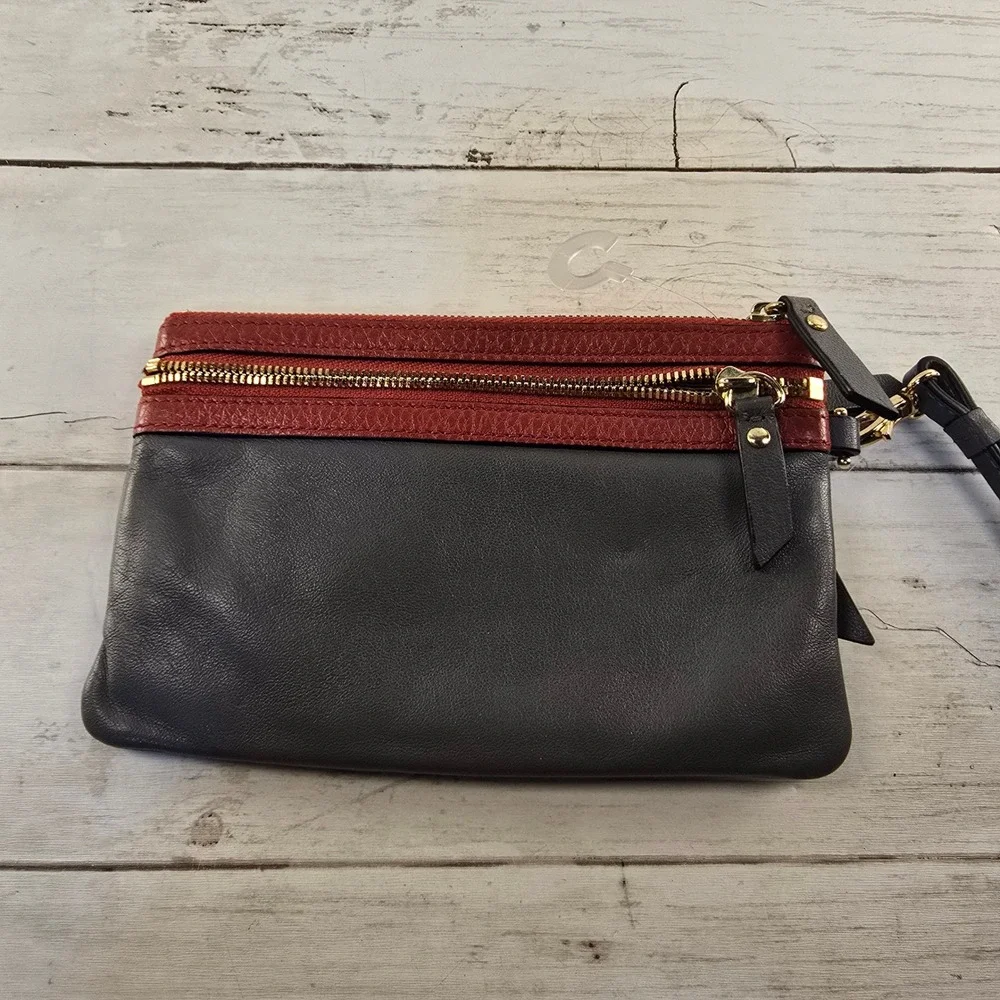 Lodis Leather Wristlet Clutch Bag Grey Red Triple Zip Wallet Gold Hardware